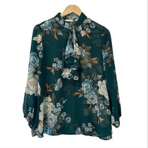 Eva Mendes Women's Medium Teal Blue Floral Sheer Long Sleeve Ruffled Neck Blouse